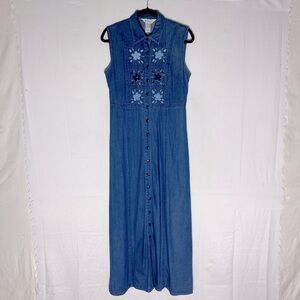Vintage Poems Sleeveless Button Front Denim Maxi Dress with Floral Embroidery 10